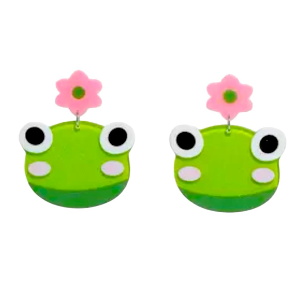 Sweet Society Frog & Flower Acrylic 2" Drop Earrings - NWT